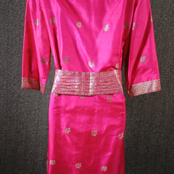 Vintage Mohan’s Hong Kong Fuchsia Silk Tunic Dress Gold Brocade Belt - Picture 2 of 6